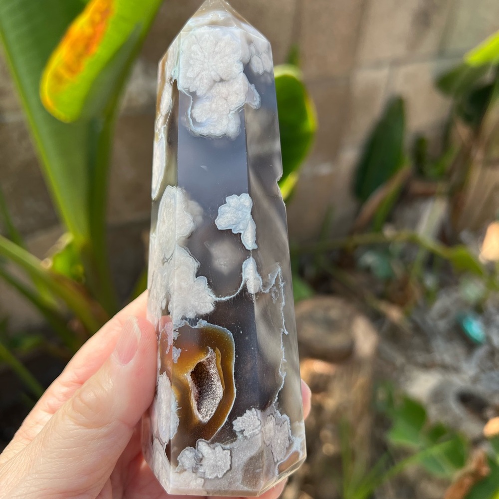 Black Flower Agate Druzy Tower with Carnelian - Picture 5 of 11